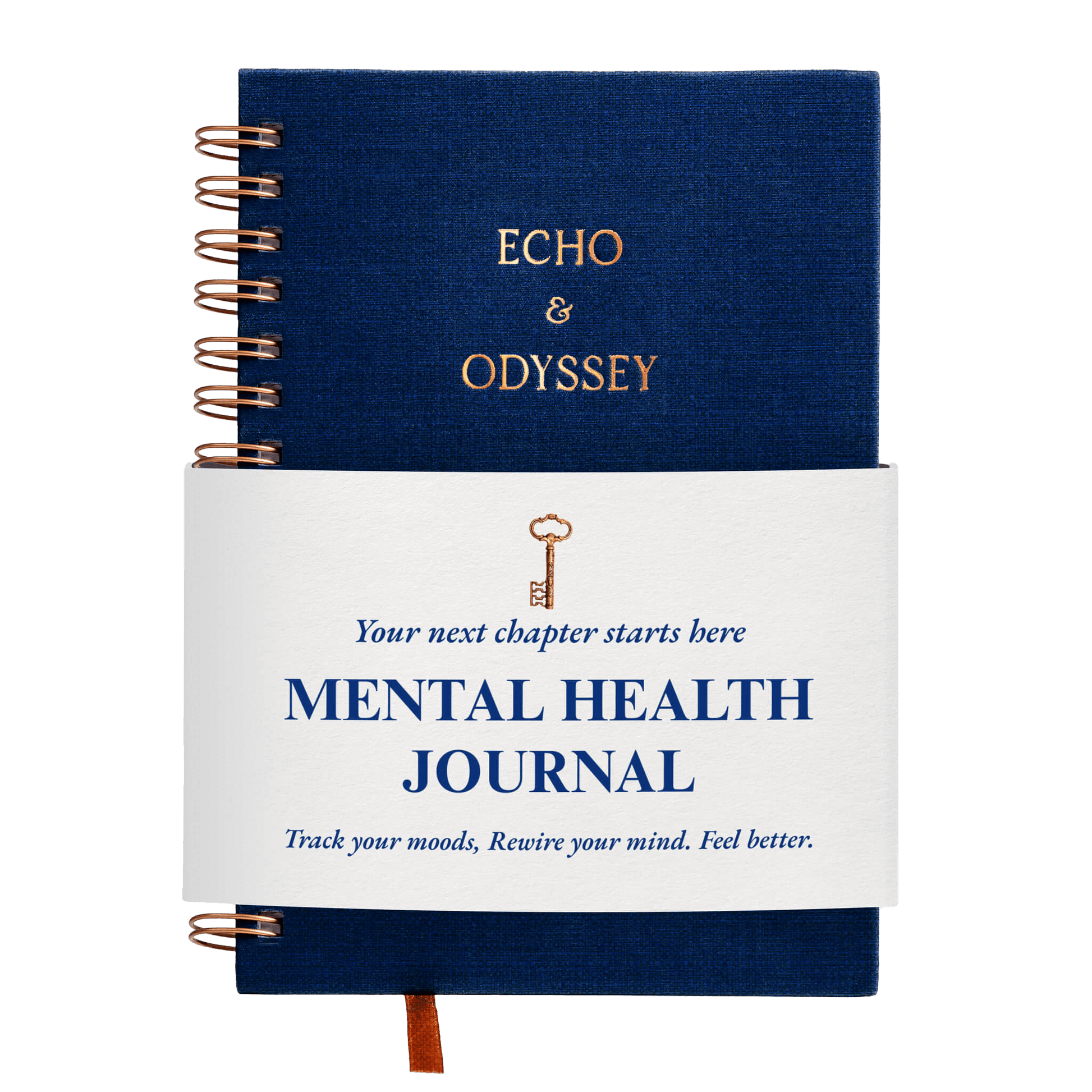 Blue mental health journal with 'Echo & Odyssey' branding on a black background