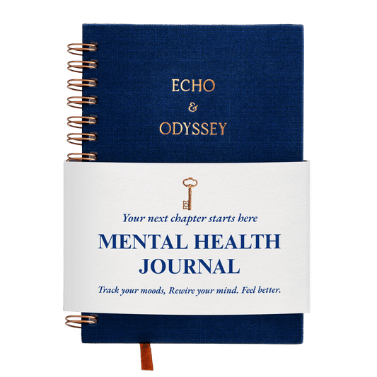 Blue mental health journal with 'Echo & Odyssey' branding on a black background